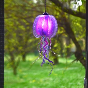 purple jellyfish lamp handmade and painted, suspension light coastal ambient style, beach house lighting, resin made single piece image 8