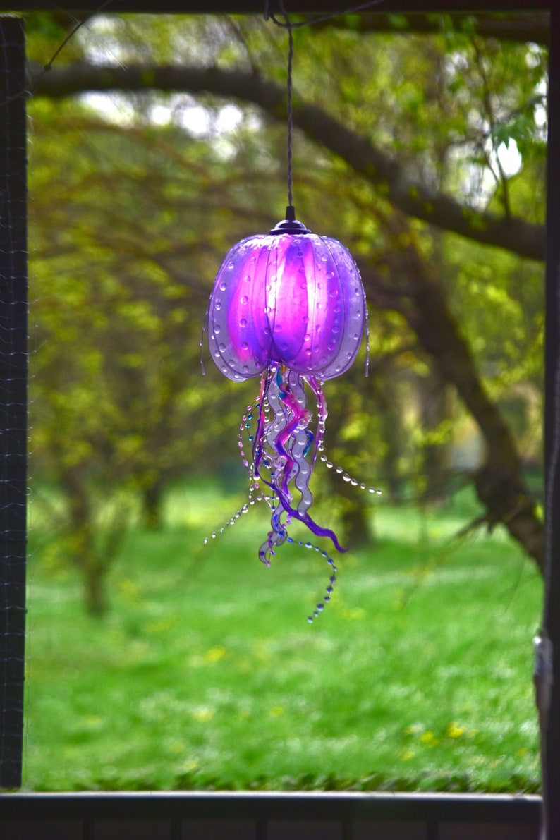 purple jellyfish lamp handmade and painted, suspension light coastal ambient style, beach house lighting, resin made single piece image 8