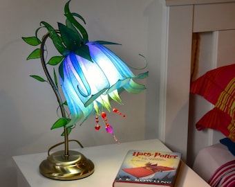 Blue green fairy flower table, fairytale style swan neck desk lamp, bedside light handmade and painted in resin