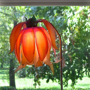 floor flower fairy lamp orange and yellow, whimsical flexible reading lamp, fantastic handmade and painted lampshade in resin