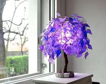 table lamp tree purple jacarandas style, handmade and handpainted, unique piece