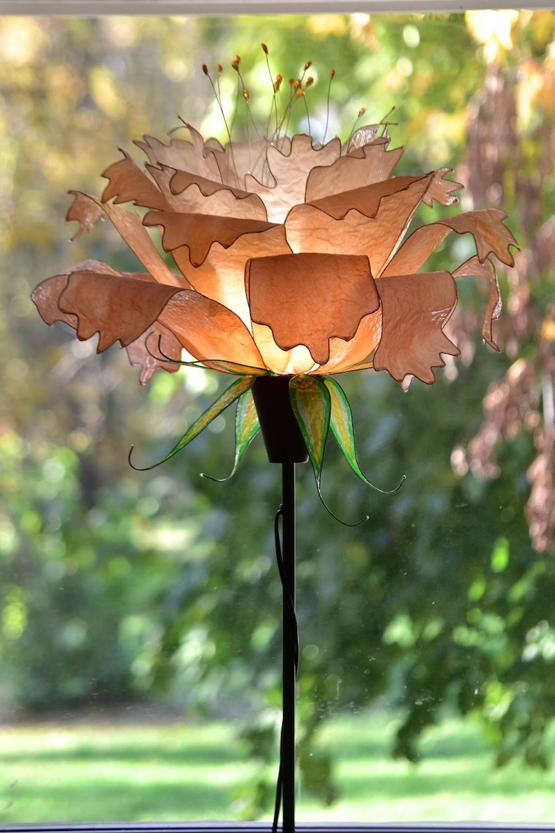 floor lamp in the shape of a peony flower handmade and painted, fantastic stand lamp resin made, warm colors of the earth and green leaves image 5