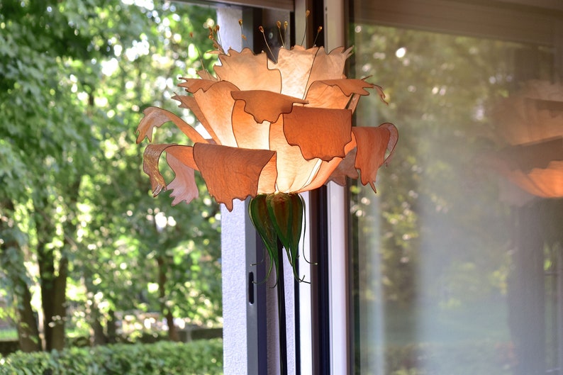 floor lamp in the shape of a peony flower handmade and painted, fantastic stand lamp resin made, warm colors of the earth and green leaves image 2