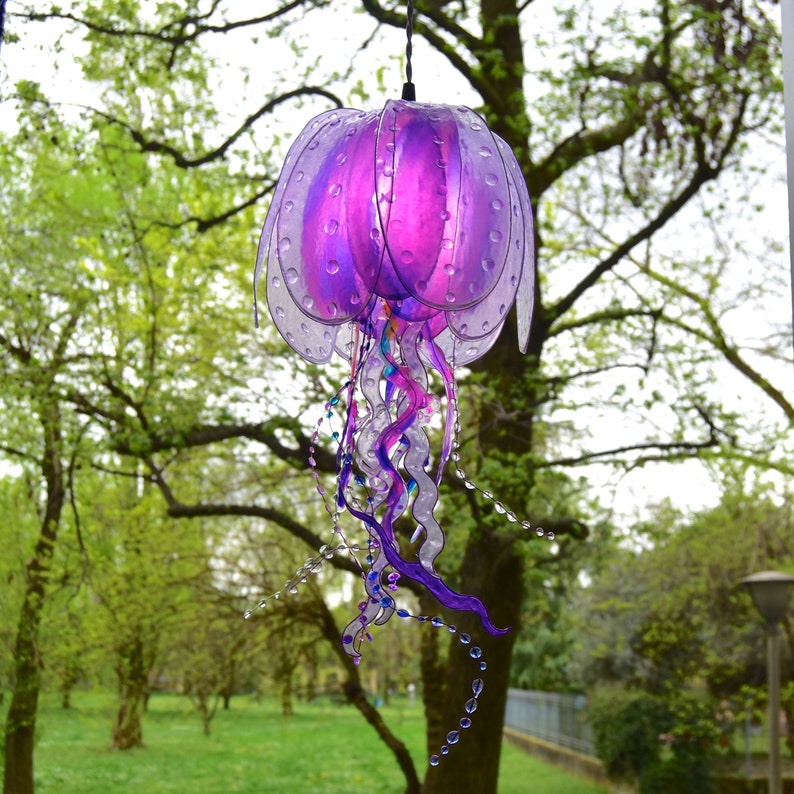 purple jellyfish lamp handmade and painted, suspension light coastal ambient style, beach house lighting, resin made single piece image 1