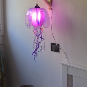 purple jellyfish lamp handmade and painted, suspension light coastal ambient style, beach house lighting, resin made single piece image 4