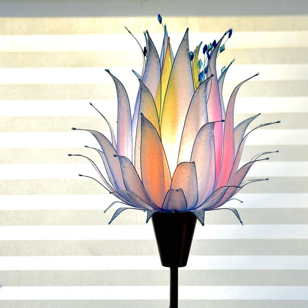 lotus flower shaped floor lamp, pastel watercolor decor, colored stem lamp