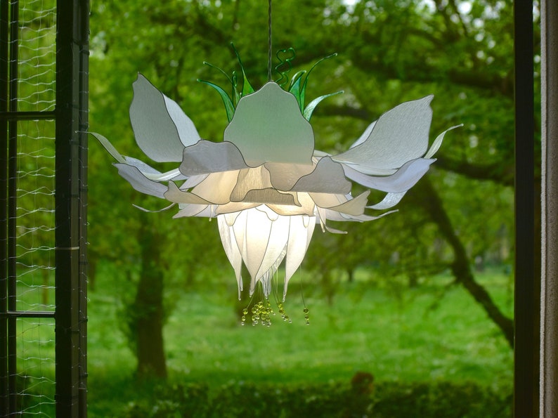 white chandelier in the shape of a fantastic flower, fairytale style pendant lamp, modern handmade resin lighting image 5