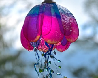 wall lamp jellyfish shape fucsia and blue, hanging lamp hand made and painted in resin, fairy sea room style