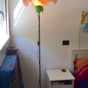floor lamp in the shape of a peony flower handmade and painted, fantastic stand lamp resin made, warm colors of the earth and green leaves image 3