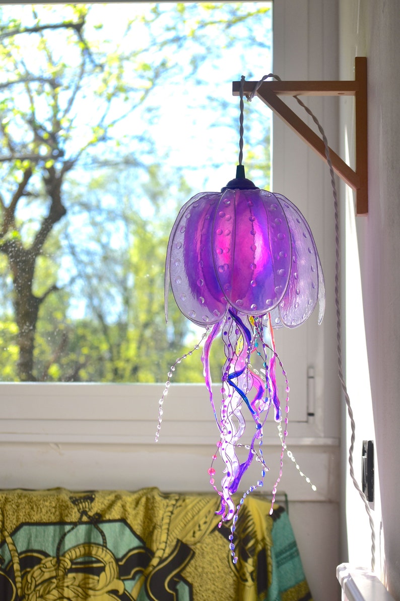 purple jellyfish lamp handmade and painted, suspension light coastal ambient style, beach house lighting, resin made single piece image 5