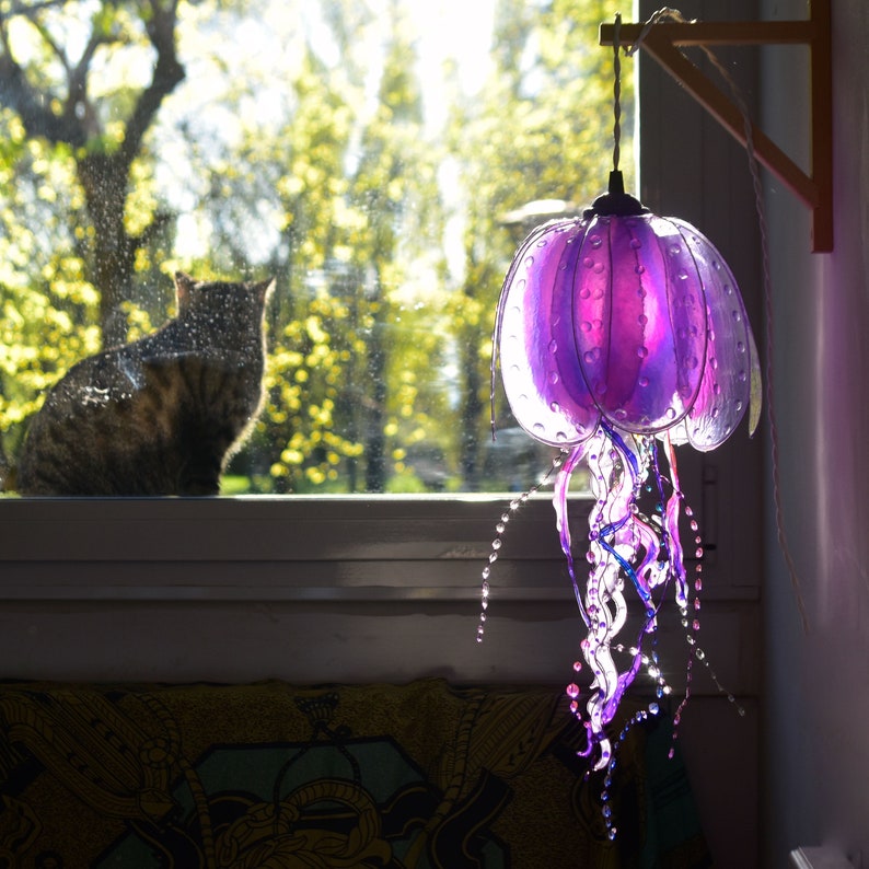 purple jellyfish lamp handmade and painted, suspension light coastal ambient style, beach house lighting, resin made single piece image 3