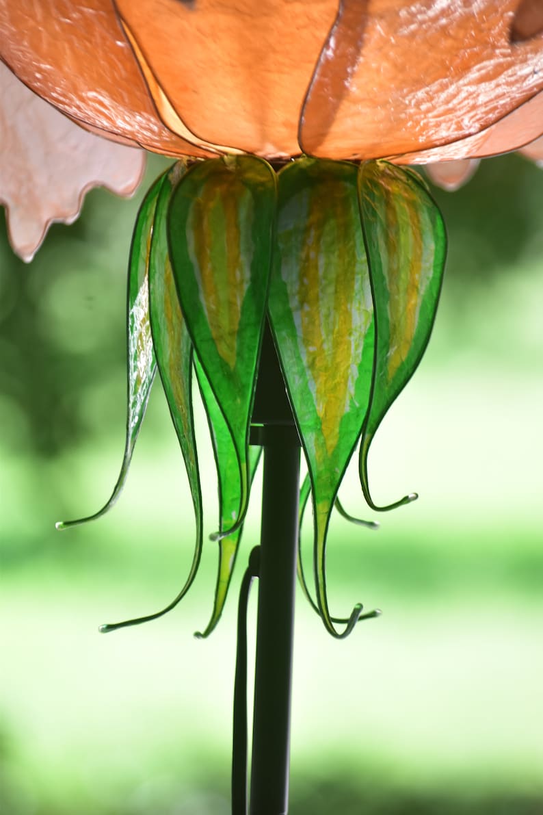 floor lamp in the shape of a peony flower handmade and painted, fantastic stand lamp resin made, warm colors of the earth and green leaves image 7