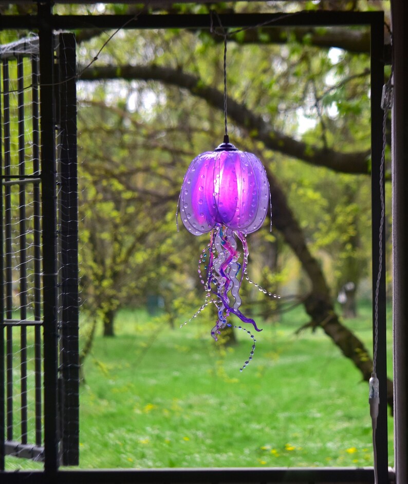 purple jellyfish lamp handmade and painted, suspension light coastal ambient style, beach house lighting, resin made single piece image 2