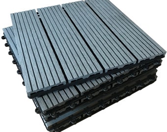 Composite Decking Tiles Set of 18 - Ebony, Grey, Teak - Patio, Balcony, Roof Terrace, Hot Tub Deck Flooring - DIY Interlocking Outdoor Tiles
