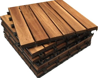 Acacia Hardwood Decking Tiles Set of 18 - Patio, Balcony, Roof Terrace, Hot Tub Deck Flooring - CLICK-DECK - DIY Interlocking Outdoor Tiles