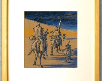 Blue Sunset - Original Zeichnung "Blauer Sonnenuntergang" / Don Quijote / Fantasy Knights