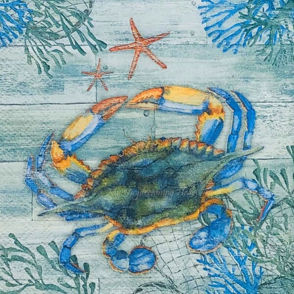 2 Blue Crab & Starfish Decoupage Napkins Sea Life Beverage Napkins For Decoupage, Travel Journals, Card Making