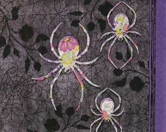 2 Creepy Spider Halloween Napkins Floral Spiders Cocktail Napkins Decoupage, Journals, Card Making