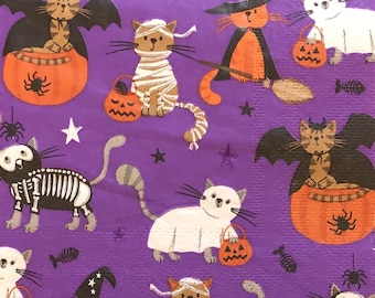 Cats In Costumes Decoupage Napkins Spooky Halloween Napkins For Decoupage Invitations, Junk Journals