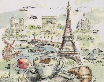 May include: A hand-drawn illustration of Parisian landmarks, including the Eiffel Tower, Notre Dame Cathedral, the Arc de Triomphe, and Sacré-Cœur Basilica. A cup of coffee, a croissant, and a macaron are placed on a saucer in the foreground.