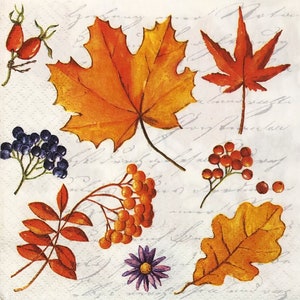 Fall Decoupage Napkins Set of 3 Lunch 13&quot; x 13&quot; Leaves & Berries Craft Napkins