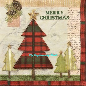 May include: A Christmas card with a red and green plaid Christmas tree, two smaller green trees, and the text "Merry Christmas".
