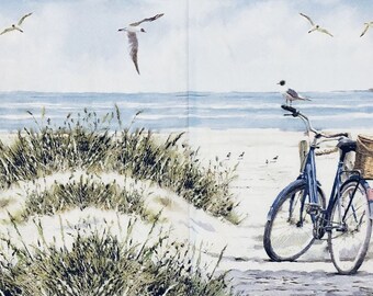 Bicycle At Beach Decoupage Napkin Coastal Scene Lunch Napkin Travel Journal, Decoupage, Card Making