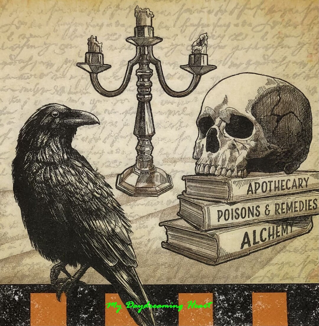 Raven, Skull & Poison Books Napkins Decoupage Napkins for Halloween