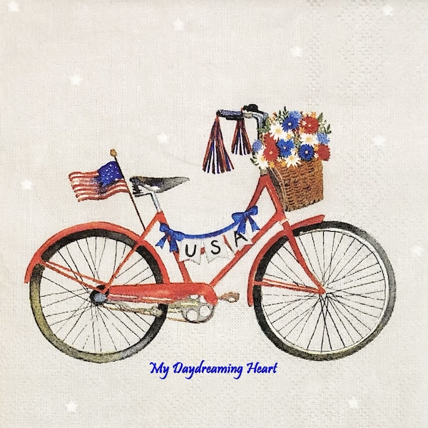 July 4th Bicycle Decoupage Napkins Red White Blue USA Bike Napkins Decoupage, Collage, Mixed Media