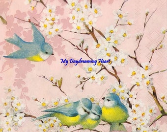 Blue Birds Decoupage Napkins Set Of 2 Beverage 10" x 10" Craft Napkins