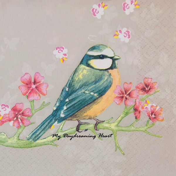 Bird On Branch Decoupage Napkins Pink & White Flowers Napkins Decoupage, Journals, Card Making