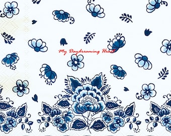 Floral Decoupage Napkins Set Of 2 Beverage 10" x 10" Blue & White Craft Napkins