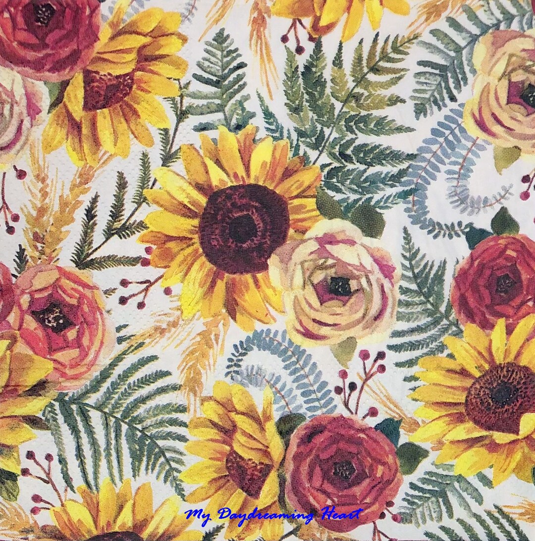 Autumn Flowers Decoupage Napkins Sunflowers & Cabbage Roses Napkins
