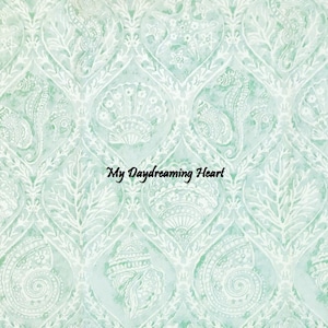 May include: A light green background with a white damask pattern featuring seahorses, seashells, and seaweed. The text "My Daydreaming Heart" is centered on the image.