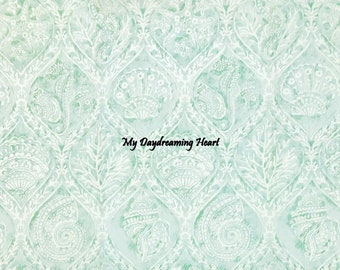 May include: A light green background with a white damask pattern featuring seahorses, seashells, and seaweed. The text "My Daydreaming Heart" is centered on the image.