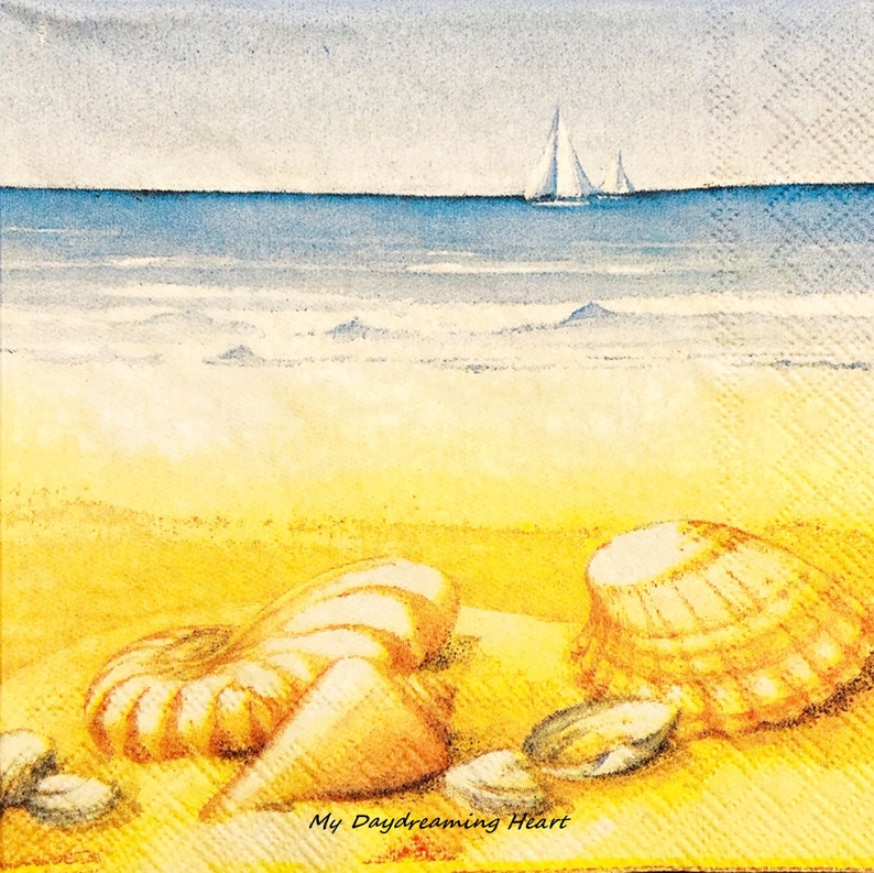 Beach Chair Decoupage Napkins Coastal Seashells Beach Scene Etsy