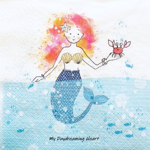 Mermaid Decoupage Napkins Set Of 3 Lunch 13&quot; x 13&quot; Coastal Craft Napkins