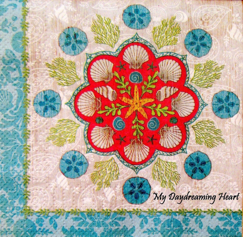 2 Shell Mandala Decoupage Napkins Beachy Boho Cocktail Napkins Etsy