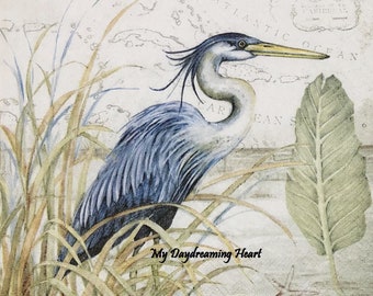 Blue Heron Decoupage Napkins  Coastal Bird Beverage Napkins Decoupage, Journals, Card Making