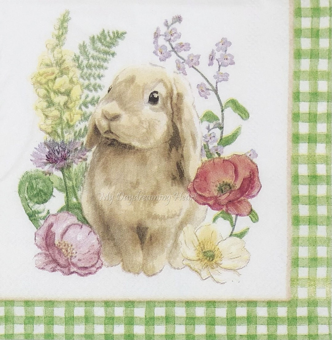 2 Bunny Rabbit Decoupage Napkins Bunny & Flowers Beverage Etsy