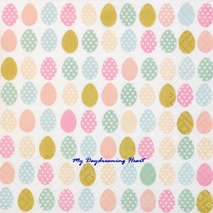 May include: A white background with a repeating pattern of pastel colored eggs with white polka dots. The eggs are in various shades of pink, blue, green, and gold. The text "My Daydreaming Heart" is in the center of the image.