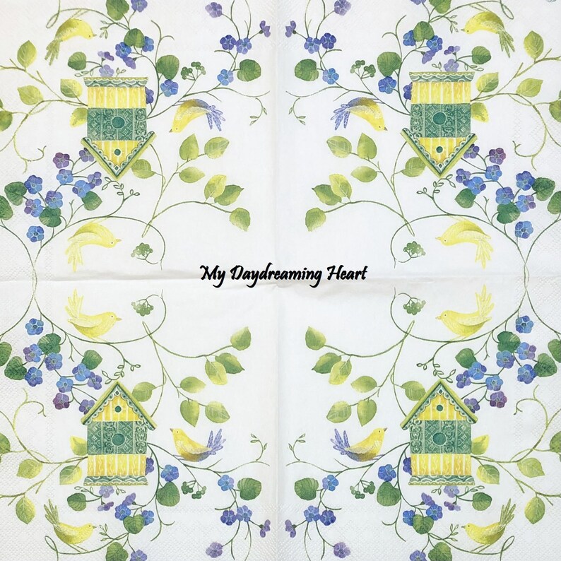 Birdhouse Decoupage Paper Napkins Yellow Birds Cocktail Etsy