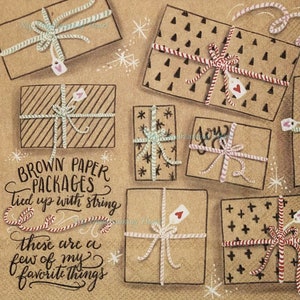 May include: A collection of brown paper packages tied with string and decorated with different patterns. The text "BROWN PAPER PACKAGES tied up with string these are a few of my favorite things" is written on the image.