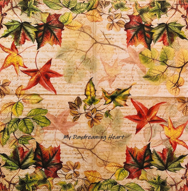 Fall Foliage Decoupage Napkins Autumn Leaves W/vintage Writing Etsy