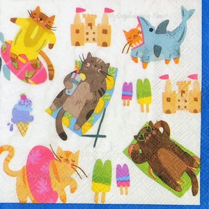 Beach Cats Decoupage Napkins Set Of 2 Beverage 10&quot; x 10&quot; Craft Napkins