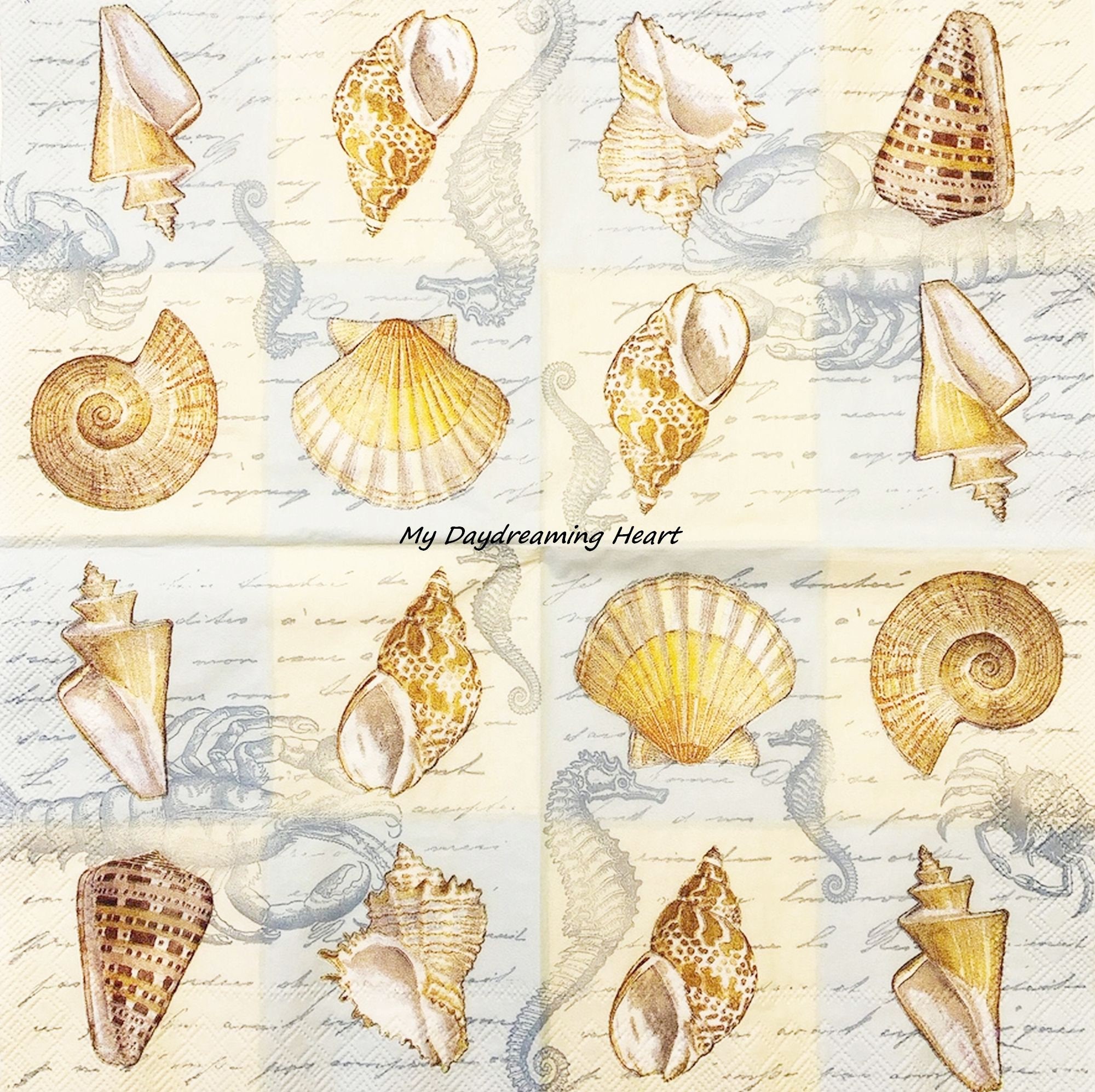 Seashells Decoupage Paper Napkins Writing and Sea Life Napkins Etsy