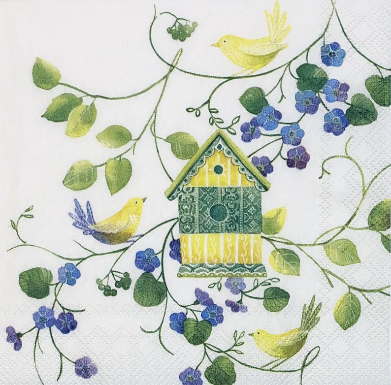 Birdhouse Decoupage Paper Napkins Yellow Birds Cocktail Etsy
