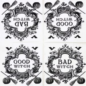 May include: Four white Halloween napkins with black ornate frames. Each frame contains the words "BAD WITCH" or "GOOD WITCH", with bats, pumpkins, and brooms. A festive and spooky design for Halloween.