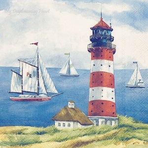 Lighthouse Decoupage Napkins Set Of 2 Beverage 10&quot; x 10&quot; Coastal Craft Napkins