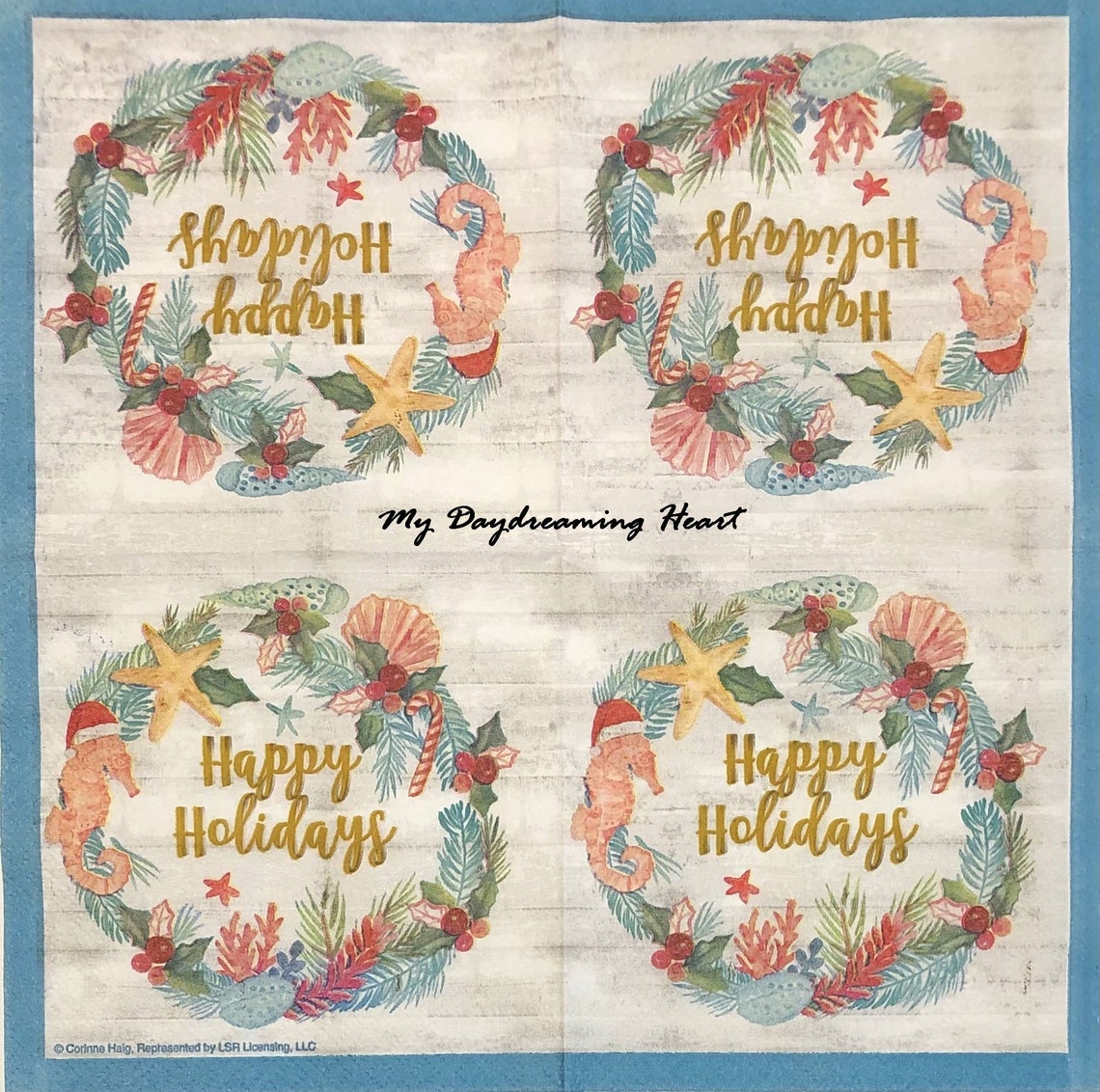 Coastal Christmas Decoupage Napkins Rustic Holiday Wreath Etsy